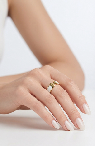 Veluare Privé 14K Beyaz Mineli H Harfi Önü Açık Yüzük
