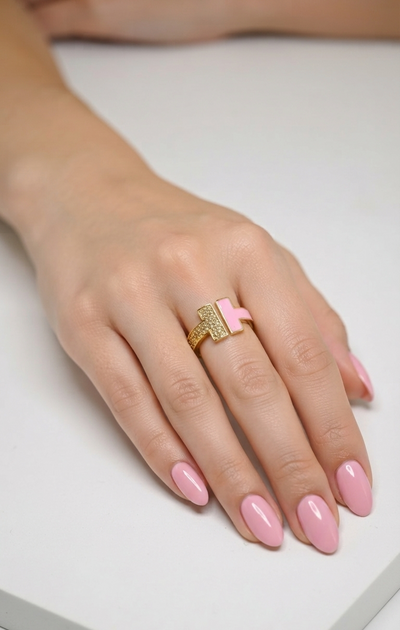 Veluare Privé 14K Pembe Mineli Taşlı Çift T Önü Açık Yüzük