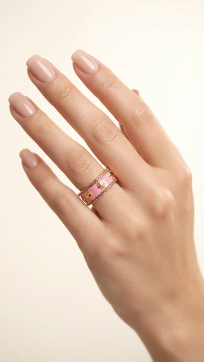 Veluare Privé 14K Pembe Mineli Kalın Kabartmalı Şövalye Yüzük