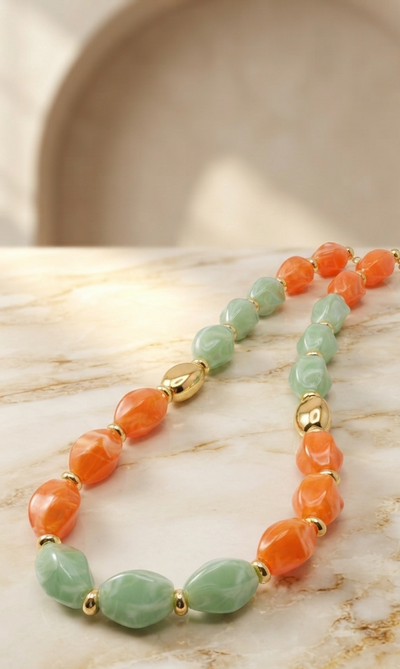 Veluare El Yapımı 14K Gold Pastel Yeşil ve Turuncu Boncuklu Kolye