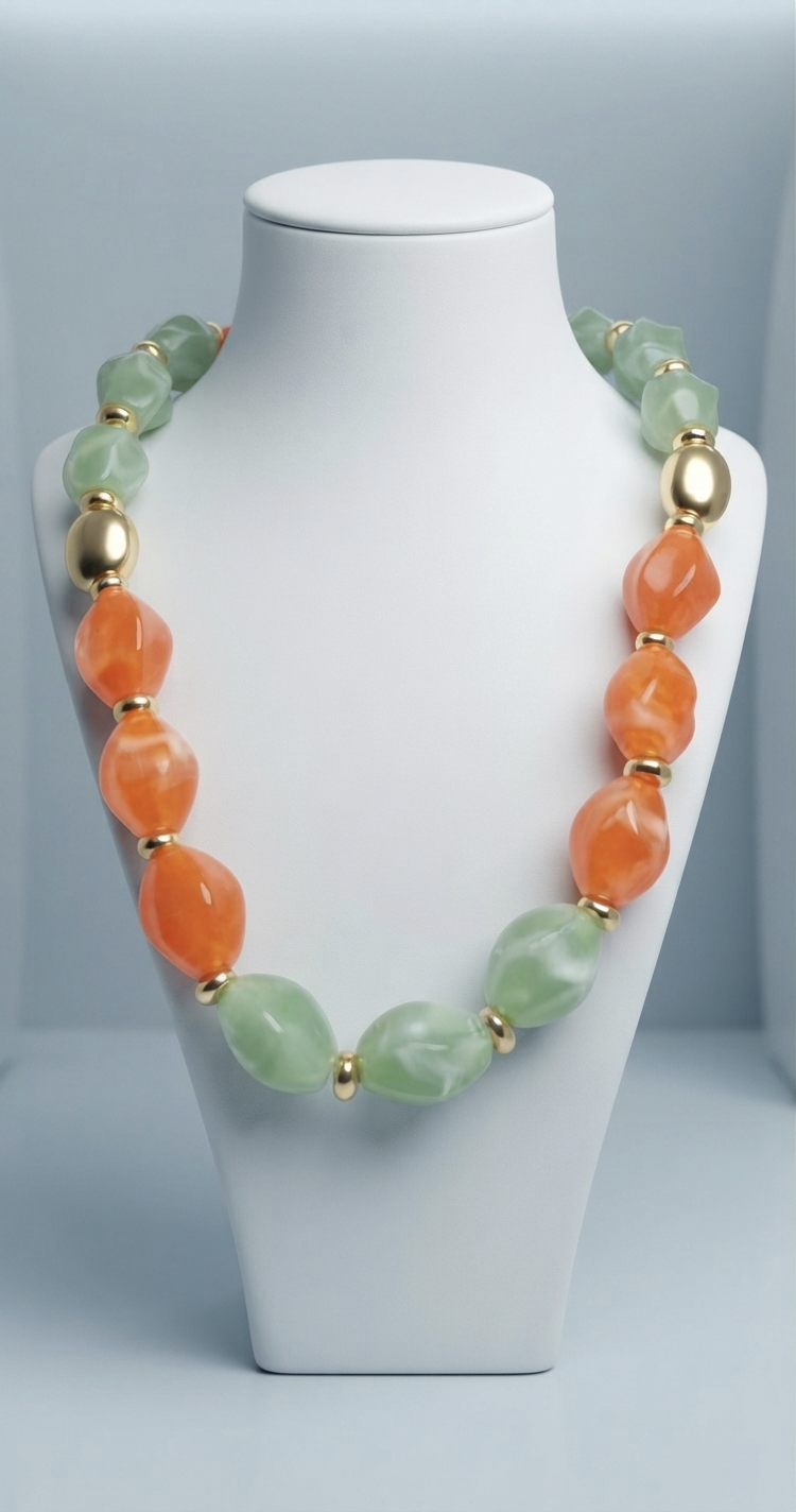 Veluare El Yapımı 14K Gold Pastel Yeşil ve Turuncu Boncuklu Kolye